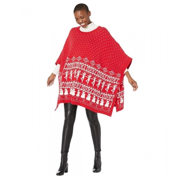 Dubgee Red White Poncho Oversized Red White Snowman Size Small Medium - Picture 1 of 7